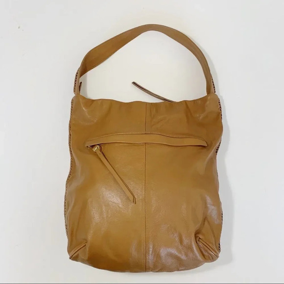 Christopher Kon Caramel Leather Hobo Bag Boho Tan Slouchy 70s‎ Vibes Whipstitch - Picture 2 of 12